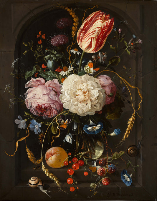 Still Life of Flowers in a Glass Vase with Insects and Fruits in a Stone Niche